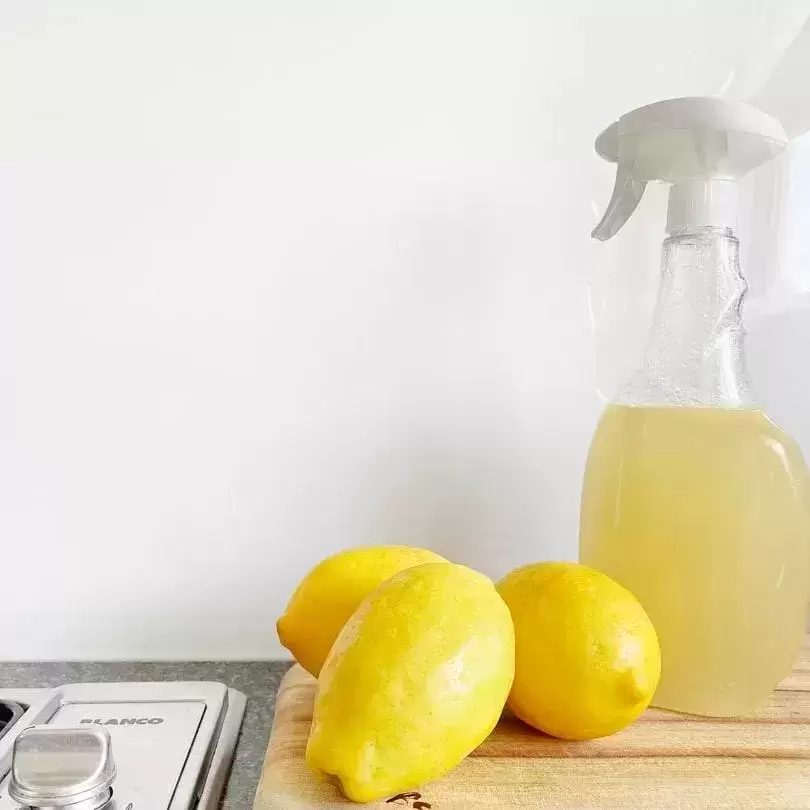 Lemon scented cleaning items next to a stove top.