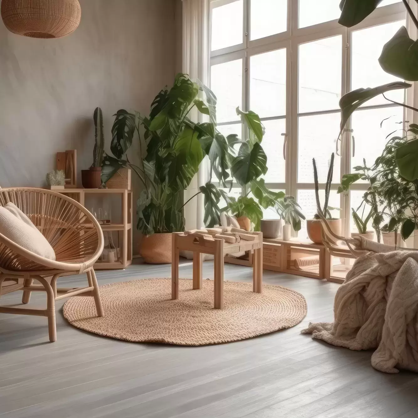 A sitting area with natural hues and indoor plants.
