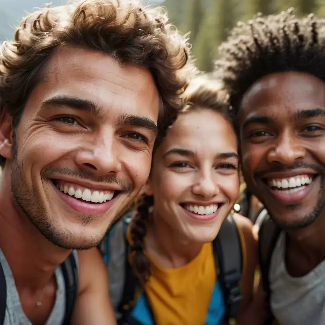A group of hikers smiling for a selfie.